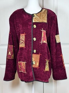 Indigo Moon Patchwork Chenille Jacket Boho Art Lagenlook Petite Large Burgundy